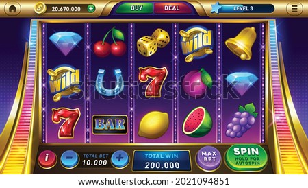Main screen for slots games. Slots Gameplay icons and buttons. Mobile Game Assets. user interface. casino slot machine template. Vector illustration