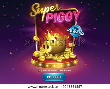 Piggy bank reward for casino game. Pig money box with golden coins. Vegas slot vector illustration. Game interfaces. Podium special offer pop up with coins and button