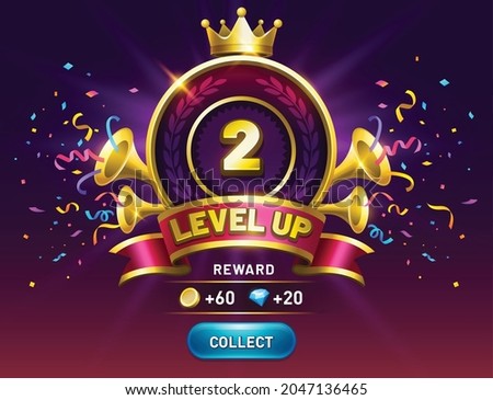 Level up game. get reward with collect coins button. Vector award shield with wing, ribbon award. Interface GUI, mobile or web game