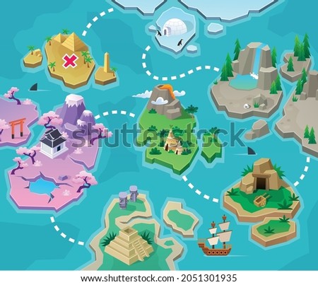 Game Map. Pirate Treasure Maps for children. island. Vector background for game interface