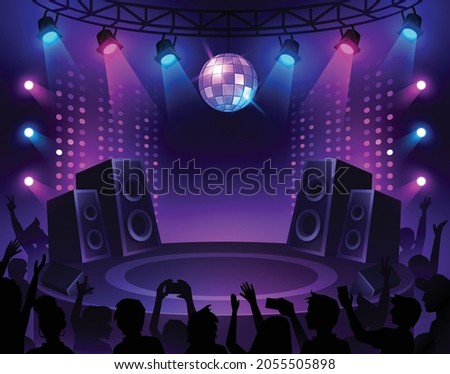 Music stage background. Show performance begin with lighting and audience. Concert illuminated by spotlights vector illustration