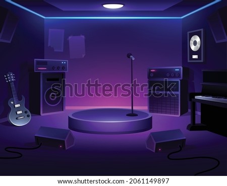 Music room. Interior of band rehearsal space. stage and microphone Foto stock © 