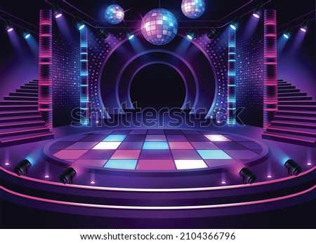 Colorful dance floor. Music stage. Disco ball show performance begin with lighting and audience. Concert illuminated by spotlights
