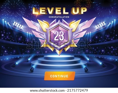 Stage Arena. Realistic stadium with lights and spotlights. Level up game. Medal reward on podium. Vector award shield with wing. Interface GUI