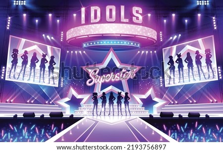 Music stage game screen. Show performance begin with lighting and audience. Concert illuminated by spotlights. Female idol dancing on the dance floor. Superstar posing