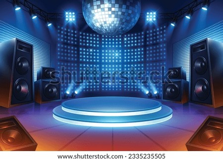 Music stage. Dance floor. Disco ball show performance begin with lighting and amplifier. Led screen concert illuminated by spotlights
