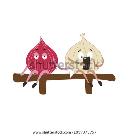 Expressive illustration of garlic and onion sitting next to each other