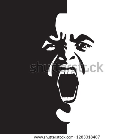 Screaming face shout in black and white vector graphics. Emotional scream of a man with open shouting mouth - expression drawing in graffiti style.