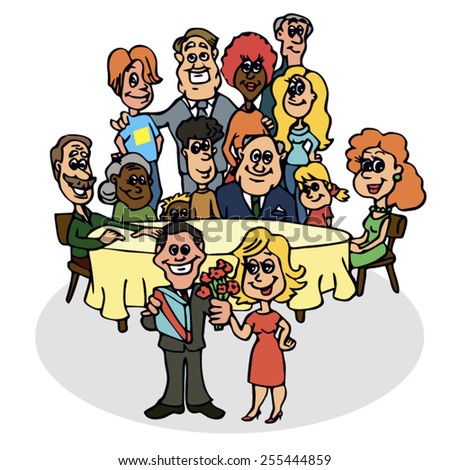 Big family with congratulations. Vector illustration. Cheerful people sitting at the table. There are man and a woman front of the desk. Man holding flowers and a gift.
