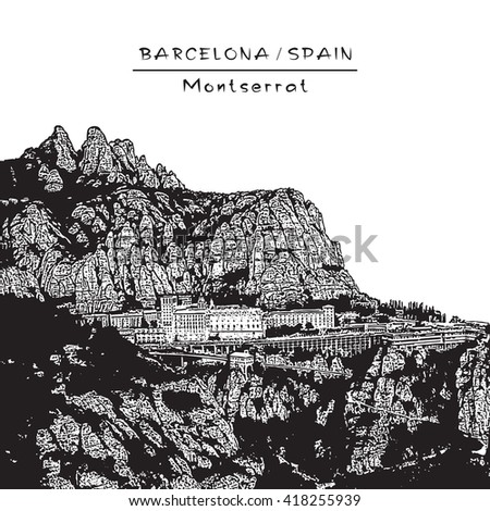 Landscape with Montserrat mountain and monastery. Barcelona, Spain. Black and white vector illustration.
EPS 10. Easy editable image. Result of Auto-Trace.