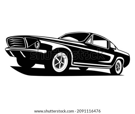 vector graphic illustration of isolated black and white muscle car front and bottom