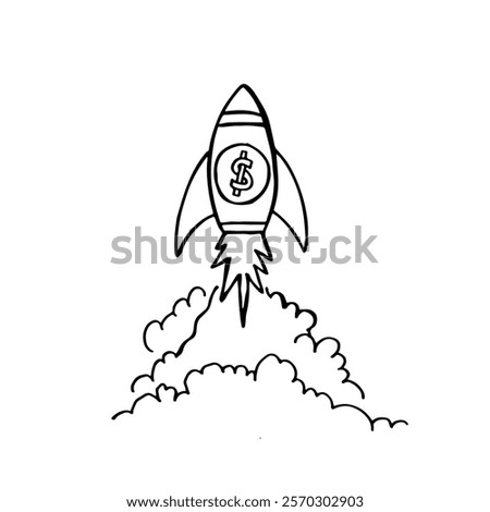 Drawing of a rocket taking off with dollar coin doodle business illustration.