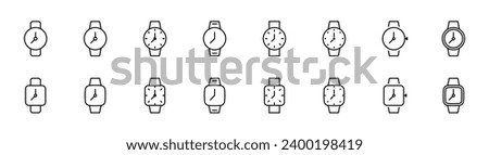 Wrist watch icon set. Wristwatch line icon. Round and square wrist watch set. Editable stroke. Vector illustration.