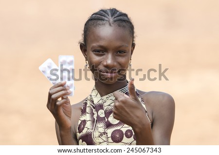 African Girl Holding Pills to Cure, Medicine and Health Care Symbol