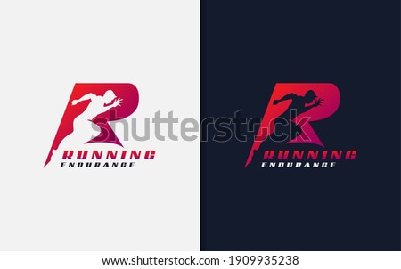 Running Endurance Logo Design. Abstract Initial R Logo with Running Man Silhouette. Sport Logo Vector Illustration. Photo stock © 