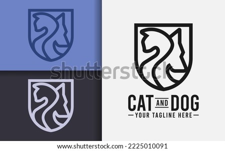 Abstract Minimalist Cat and Dog Logo Design Combined with Shield Symbol. Vector Logo Illustration.