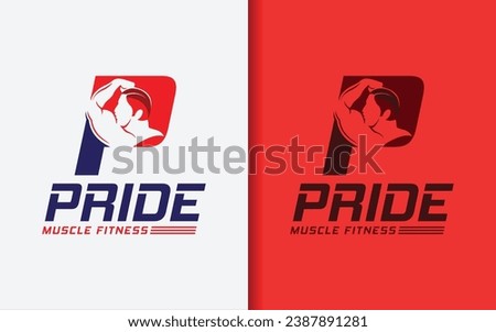 Abstract Initial Letter P Combine with a man showing off his arm muscles. Sport Fitness Logo Vector Illustration. 