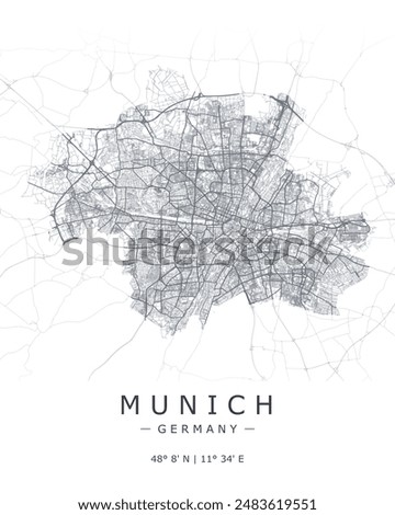 Munich vector map. Detailed map of Munich city in Germany. City host of UEFA Euro 2024. Best free vector illustration. Outline map with highways and streets. Tourist decorative street map.