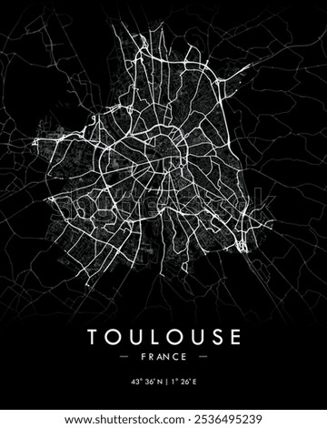 Toulouse vector map in black. Detailed map of Toulouse in France. Best free vector illustration. Tourist decorative street map.