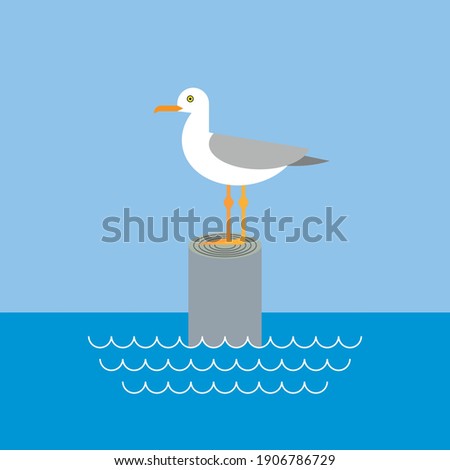 Seagull standing on wooden peg with sea and sky landscape illustration.