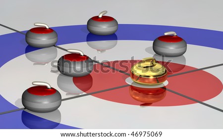 Curling stones near the center. One golden stone placed in center