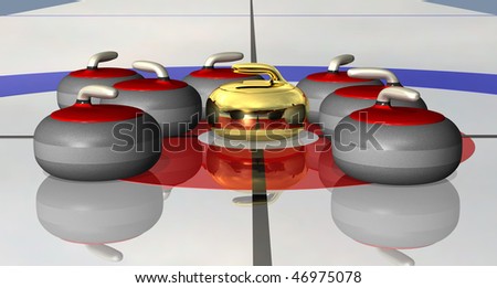 Curling stones near the center. One golden stone placed in center