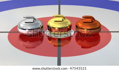 Gold, silver and bronze Curling stones near the center.