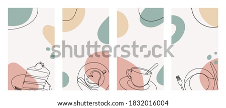 Banner with a cup of coffee with a heart shape in a hand drawn linear style with colorful abstract stains. 