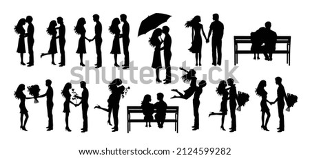 Silhouettes collection of couples with flowers. Black silhouette of a couple. Man and woman sitting on a bench.  Boy giving a rose flower to a girl. Vector illustration. Set of romantic love. 