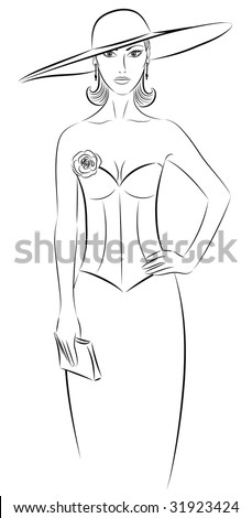 Outline Of A Woman In A Hat Holding A Purse. Stock Vector Illustration ...