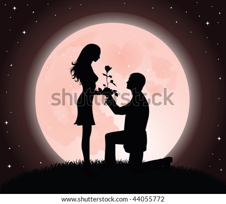 Silhouette of a man presenting a rose on his knee to a beautiful woman. Moon a stars on the background.