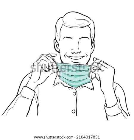 Line art of a man puts on face mask, a man wearing medical mask
