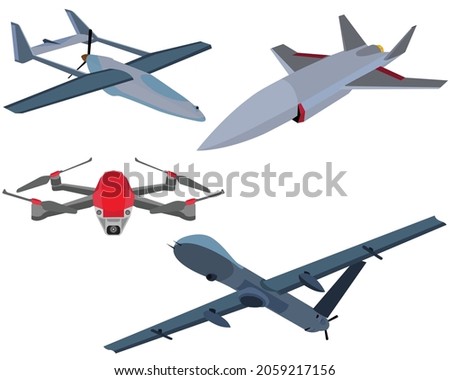 Vector illustration sets of unmanned aerial vehicle (UAV) and rotor drone