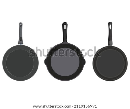 Vector illustration of frying pan set, single frying pan, red and black iron pan on white background