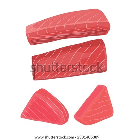 Vector illustration of raw tuna fillet. Fresh delicious seafood red meat. Cutting tuna fish for infographic material