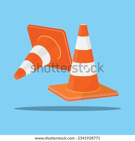 Vector illustration of plastic barrier and traffic cone, construction and safety tool. White and orange traffic cone in cartoon flat style. Safety barrier blocking pathway isolated blue background