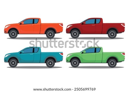 Vector illustration of pickup truck in cartoon flat style. Pickup truck vector mockup on white background for vehicle transportation illustration. View from side, four color different, double cabin