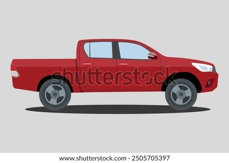 Vector illustration of pickup truck side view. Illustration car in cartoon flat style. Truck double cabin modern transportation. Large vehicle automotive technology