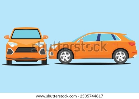 Vector illustration of modern SUV car in cartoon flat style. Simple picture of land vehicle transportation. Familiy car front and side view. Modern technology automobile. Colorful exterior body car