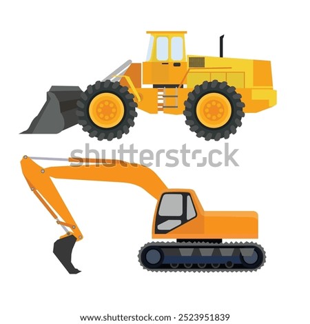 Vector illustration set of construction machinery. Heavy machine for construction and mining company. Transportation machinery for engineering. Illustration and icon for web and advertising logo