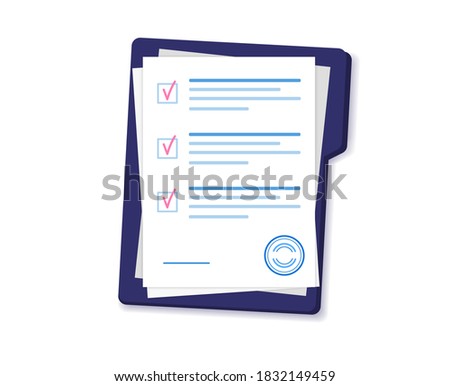 Document. Folder with contract documents. Agreement papers with stamp and text.
