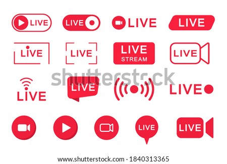 Live streaming icon set. Live stream red logo. Broadcasting online.