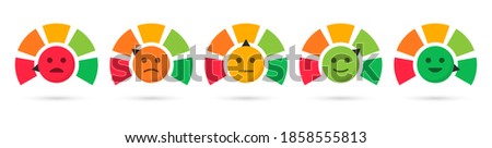 Scale with arrow. Feedback emotions. Level satisfaction. Mood scale. Meter emoticons. Colored Infographics.