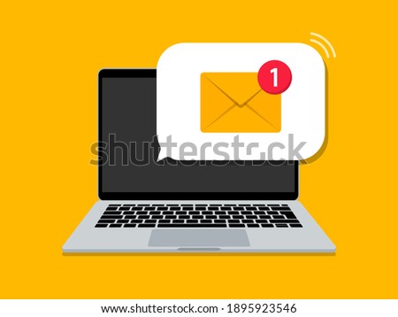 Email notification on laptop. New message. Mail notice on laptop screen. Flat style. Vector illustration.