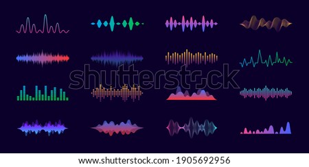 Sound waves set. Modern sound equalizer. Radio wave icons. Volume level symbols. Music frequency. Abstract digital equalizers for music app. Vector illustration.