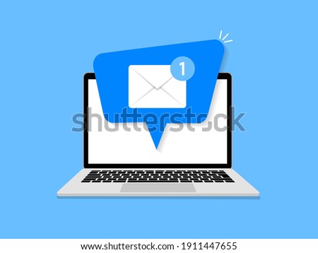 Email notification on laptop. New message. Mail notice on laptop screen. Flat style. Vector illustration
