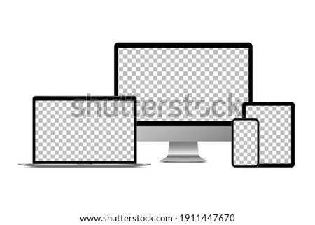 Realistic monitor computer, laptop, tablet and smartphone. Modern device set. Mock up desktop computer, notebook, tablet, mobile phone with background screen. Electronic gadgets.