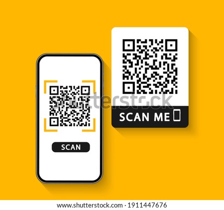 QR code scan to smartphone. Qr code for payment. Mobile phone scanning QR-code. Inscription scan me. Verification. Vector illustration.