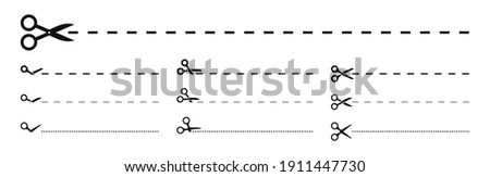 Set of scissors with cut lines. Black scissors cutting. Vector icons.