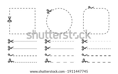 Set of scissors with cut lines and coupon cutting icon. Black scissors and dotted line. Cut stickers. Vector illustration.